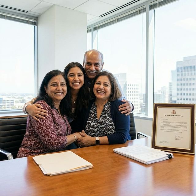 Familia feliz con su residencia española